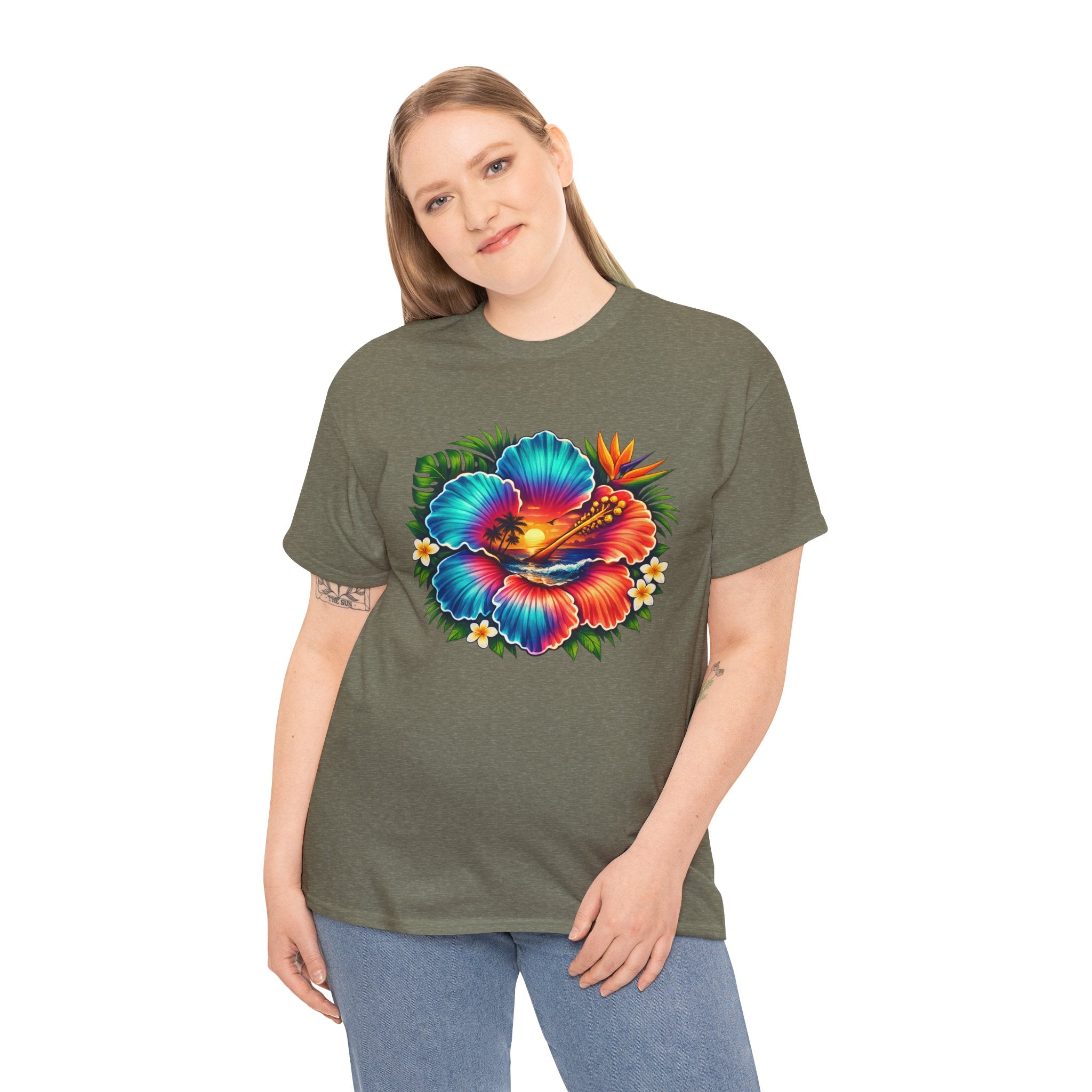 Neon Tropical Hibiscus Sunset T-Shirt – Vibrant Beach Flower Graphic Tee for Summer Vacation Lovers
