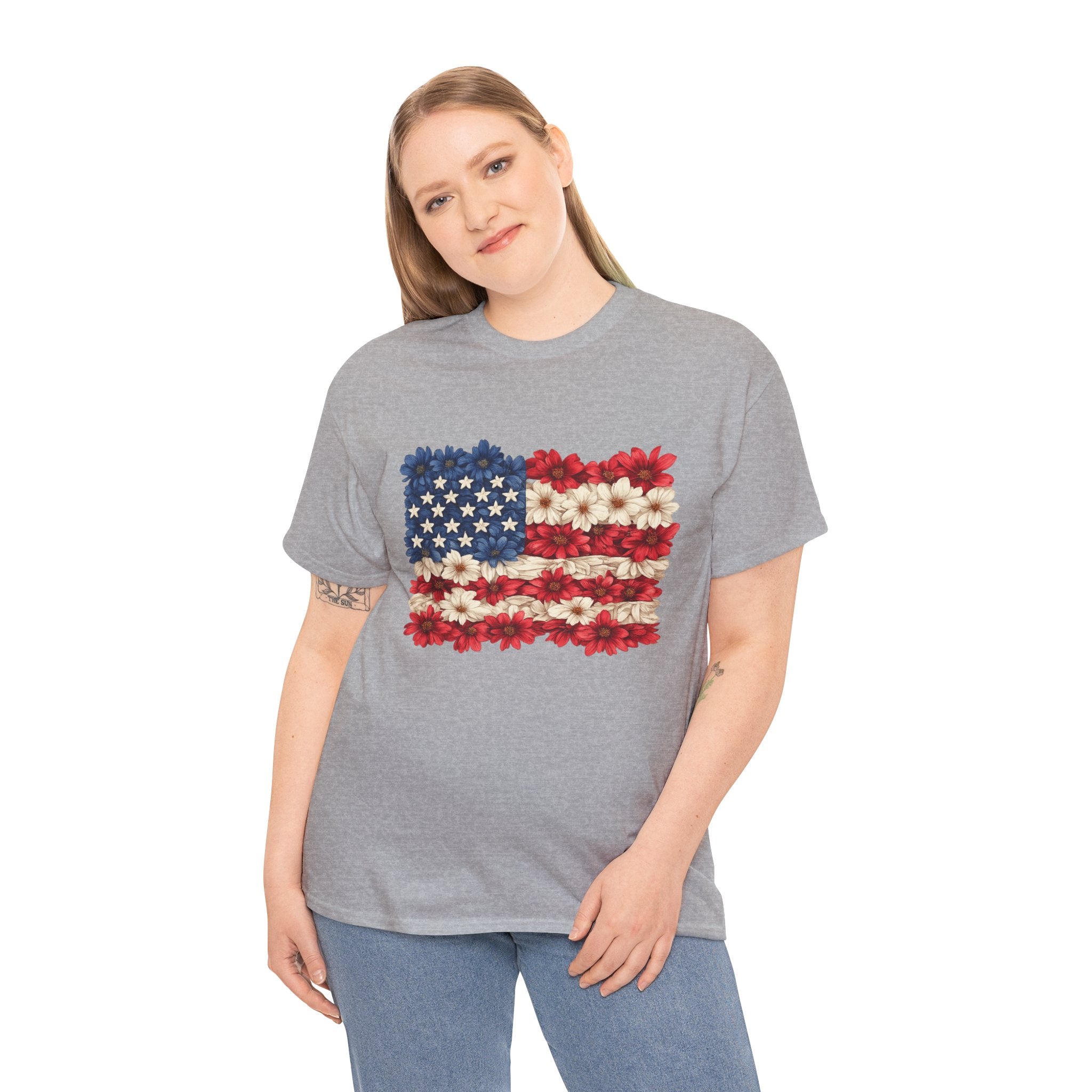Floral American Flag Shirt PNG | Patriotic Flower Flag Design | 4th of July Sublimation PNG | USA Independence Day Graphic | Red White Blue Floral POD Design