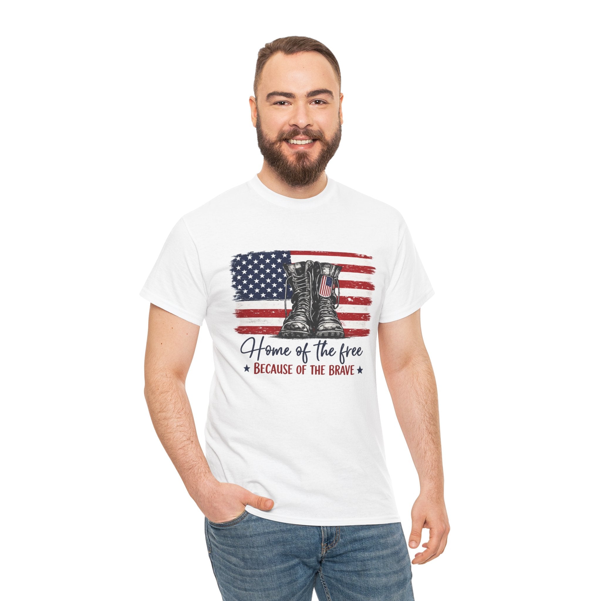 Home of the Free Because of the Brave PNG | Patriotic Combat Boots Shirt Design | Vintage American Flag Sublimation PNG | Military Tribute Tee