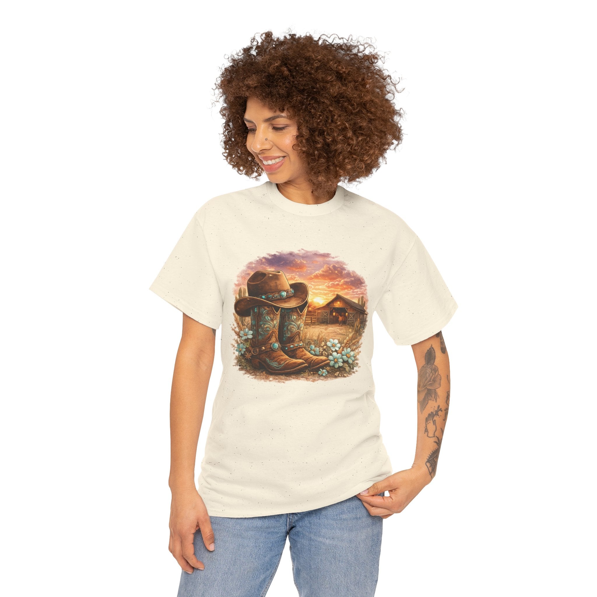 Cowboy Boots & Hat Sunset Tee — Rustic Western Country Graphic T-Shirt