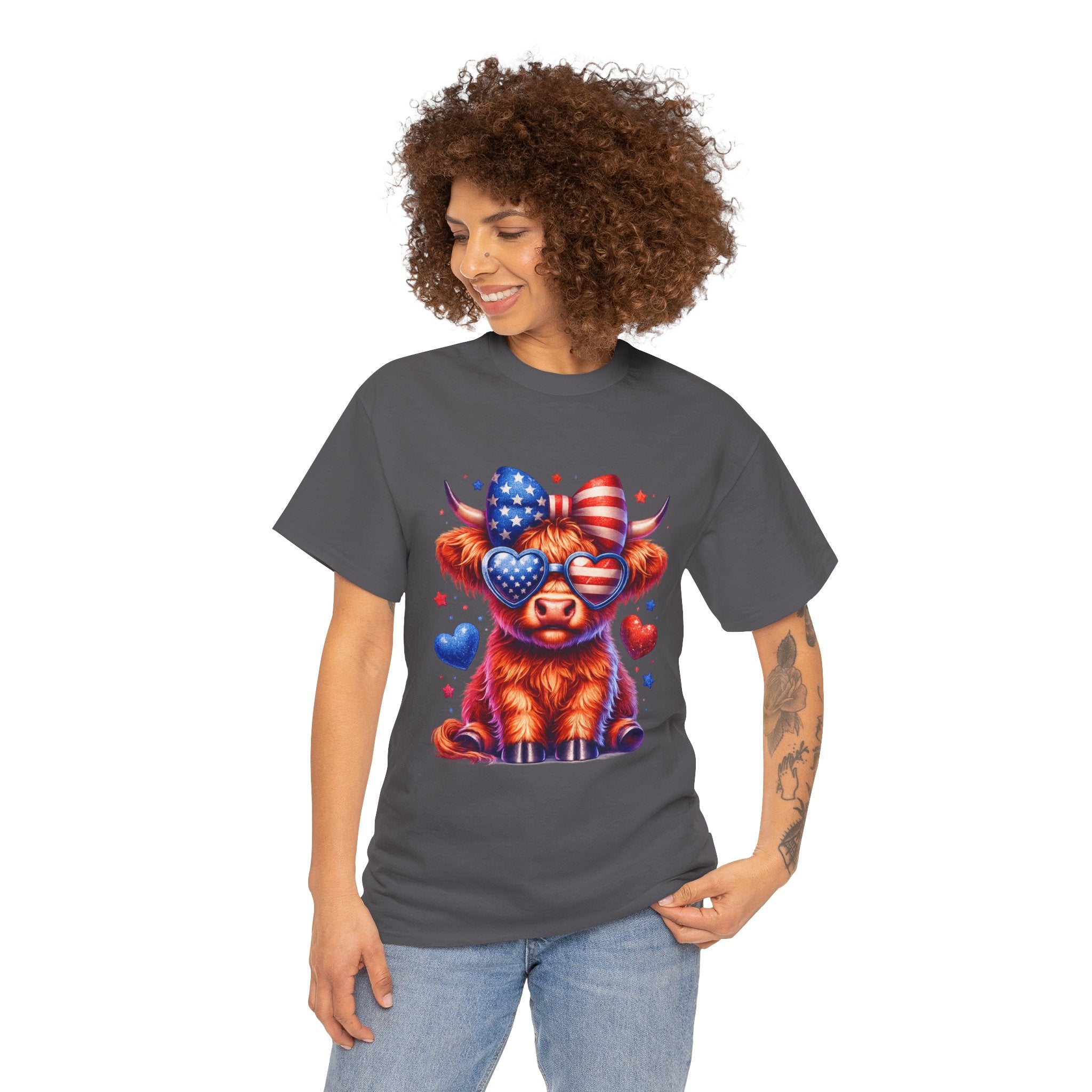 Patriotic Highland Cow Shirt | Cute American Flag Cow Graphic Tee | Fourth of July Highland Cow T-Shirt | USA Patriotic Cow Shirt | Red White Blue Country Western Tee