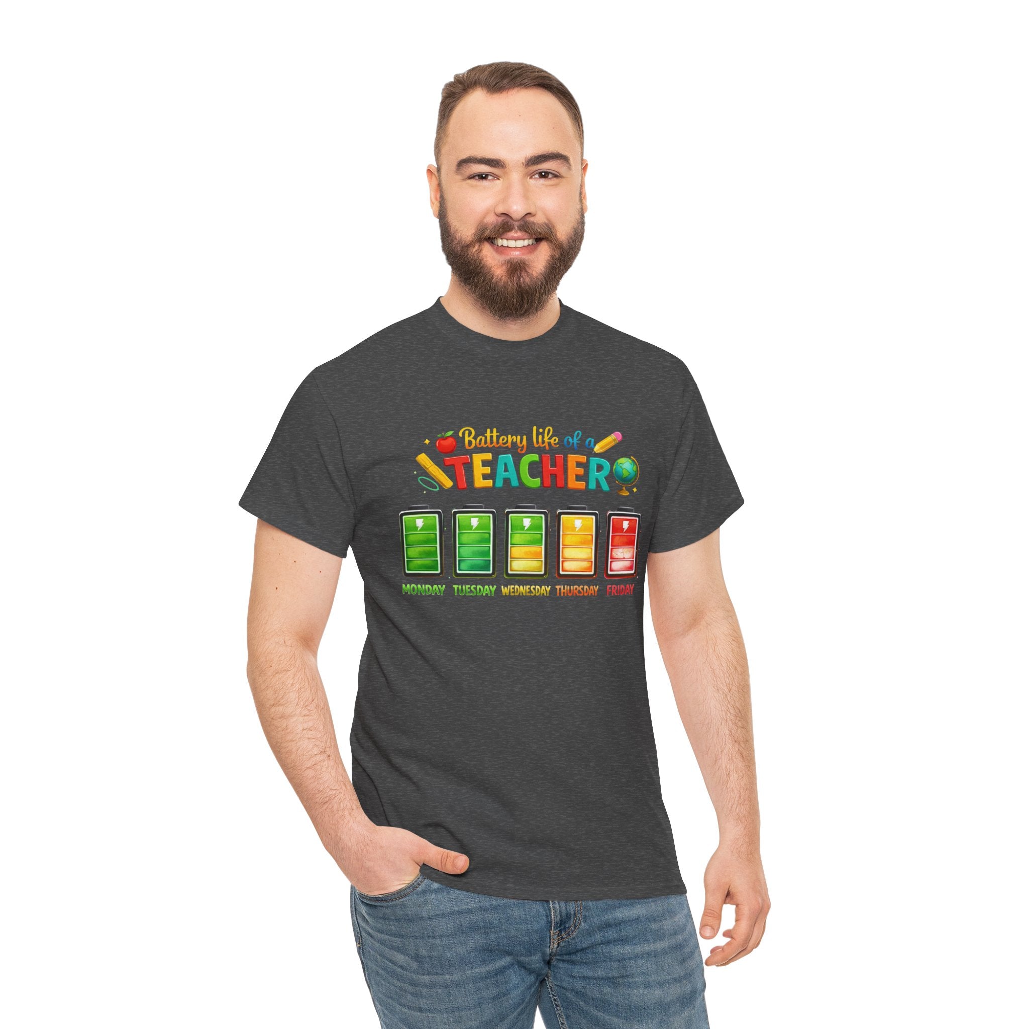 Teacher Battery Life T-Shirt – Funny Weekday Energy Levels Tee (Monday–Friday) Teacher appreciation gift - Unisex shirt