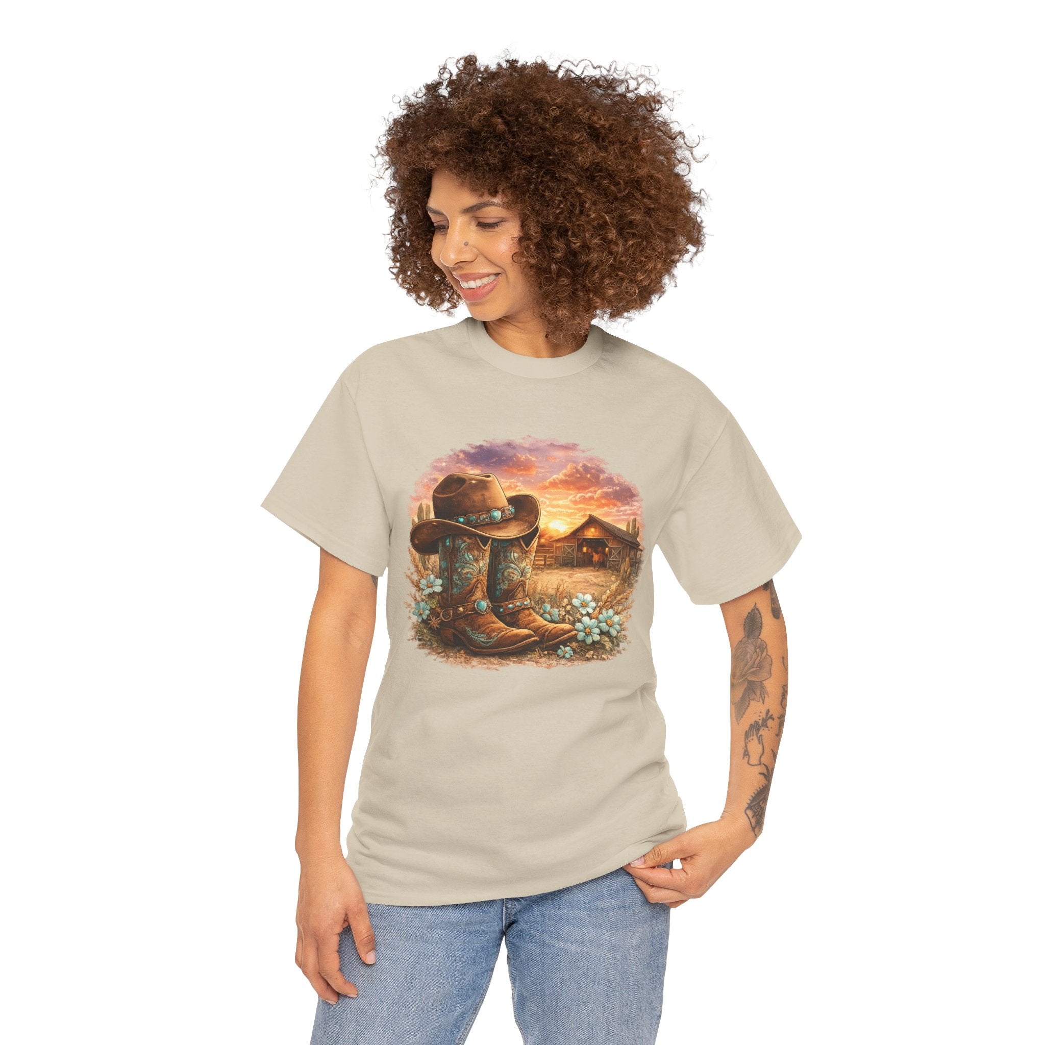 Cowboy Boots & Hat Sunset Tee — Rustic Western Country Graphic T-Shirt
