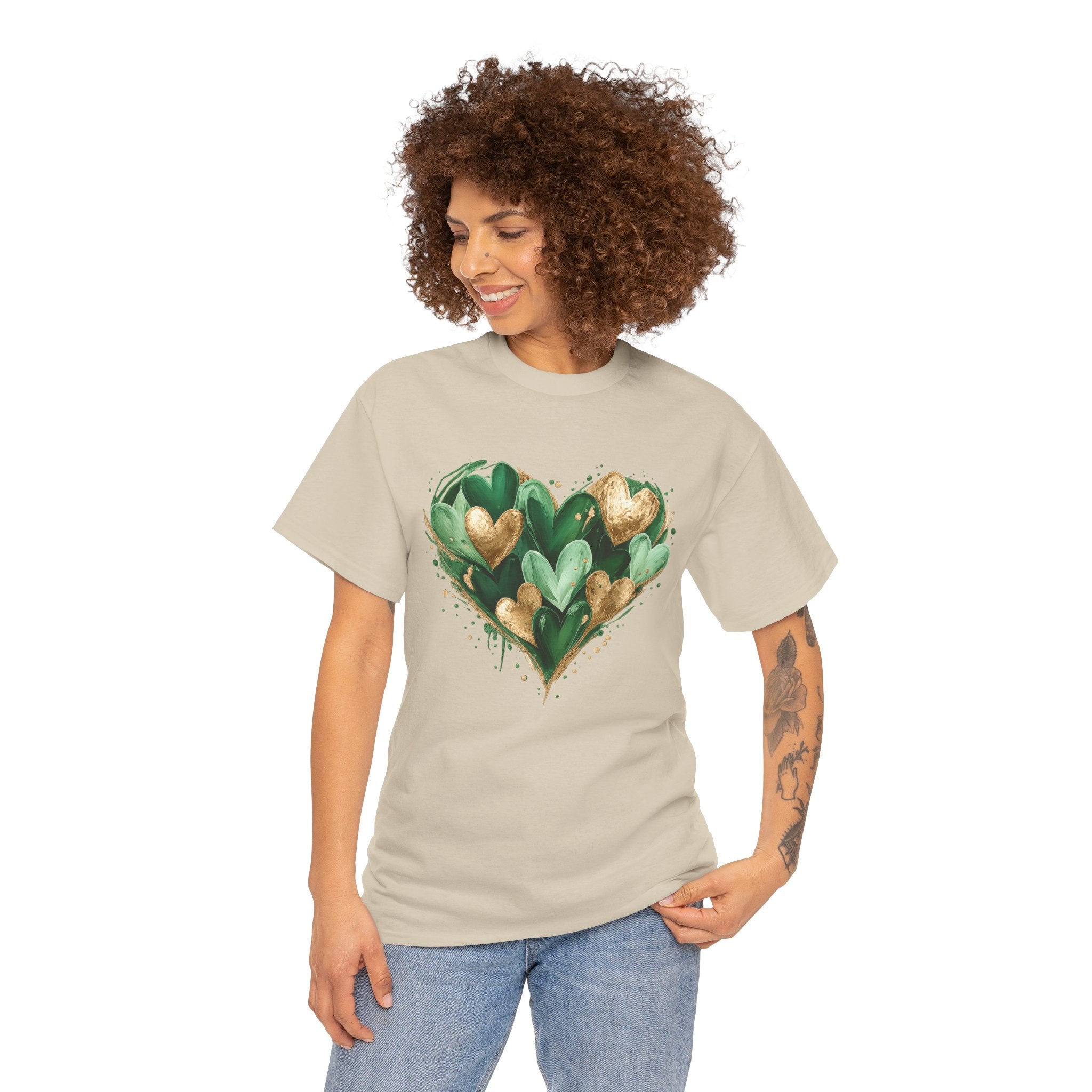 Green & Gold Lucky Heart Graphic Tee – St. Patrick’s Day Aesthetic Shirt, Shamrock-Inspired Irish Love Design