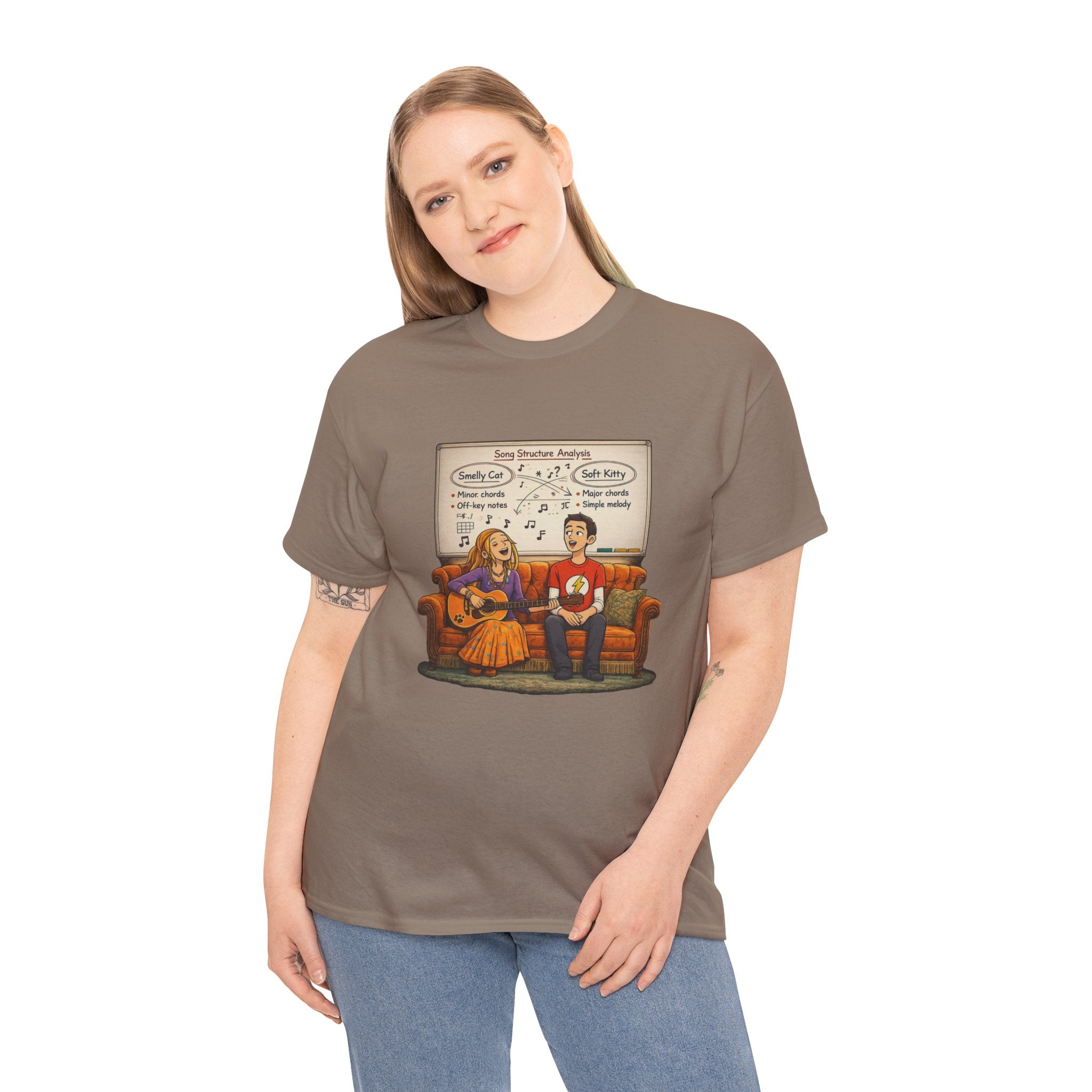 Friends Big Bang Theory Crossover Shirt | Smelly Cat Soft Kitty Mashup Tee | Geeky Sitcom Parody Shirt | Nerd Music Humor T-Shirt