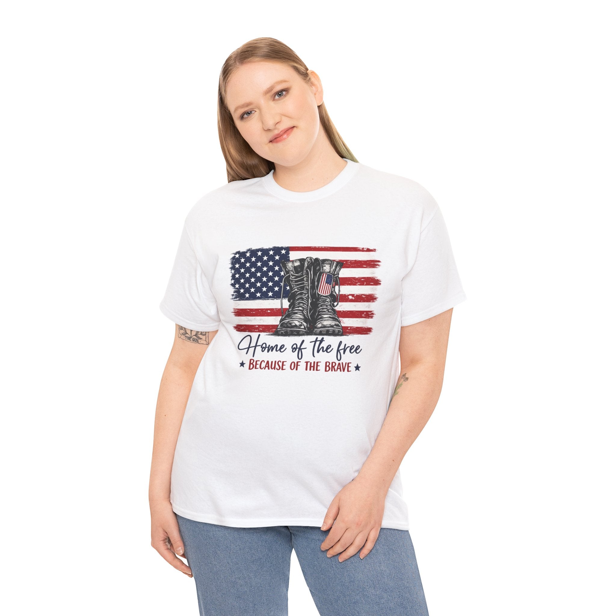 Home of the Free Because of the Brave PNG | Patriotic Combat Boots Shirt Design | Vintage American Flag Sublimation PNG | Military Tribute Tee