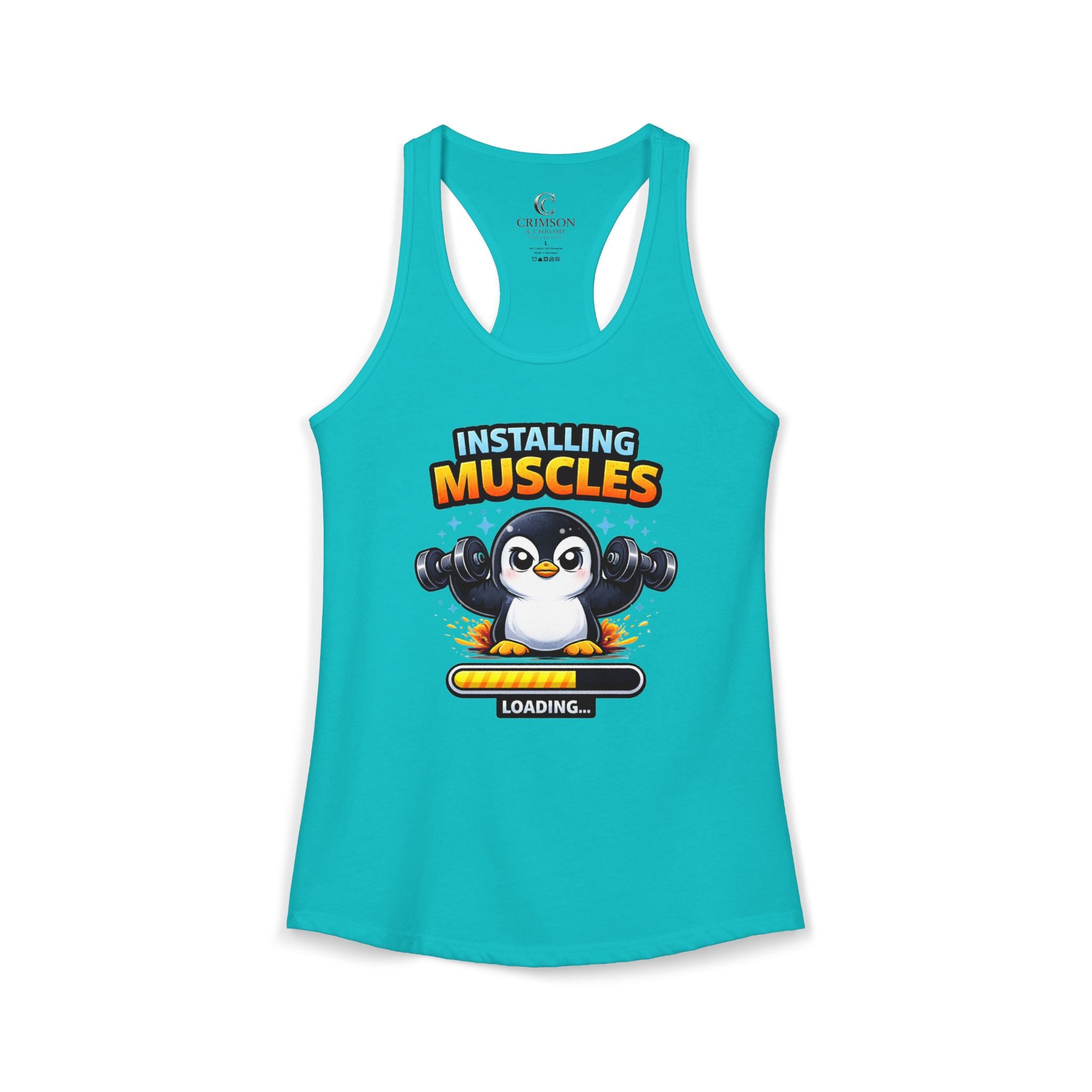 Installing Muscles Workout Penguin Tank – Funny Gym Razorback Shirt for Women