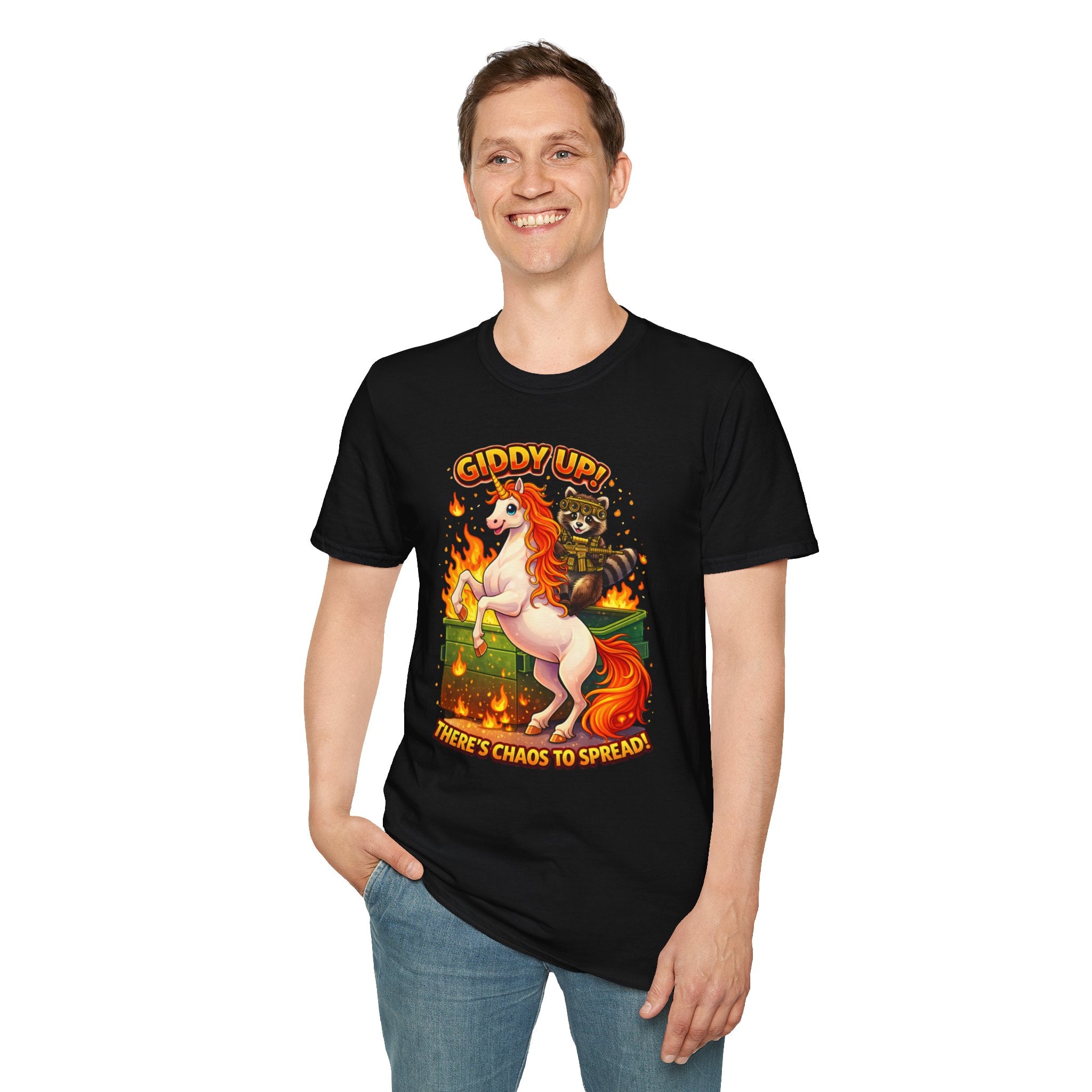 Giddy Up! Chaotic Unicorn & Raccoon Graphic T-Shirt — "Giddy Up! There's Chaos to Spread"