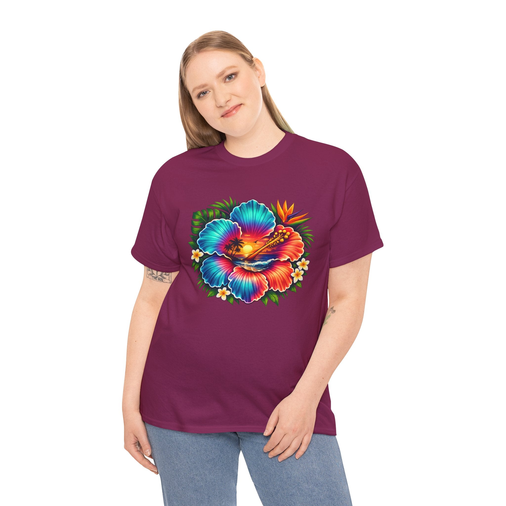 Neon Tropical Hibiscus Sunset T-Shirt – Vibrant Beach Flower Graphic Tee for Summer Vacation Lovers