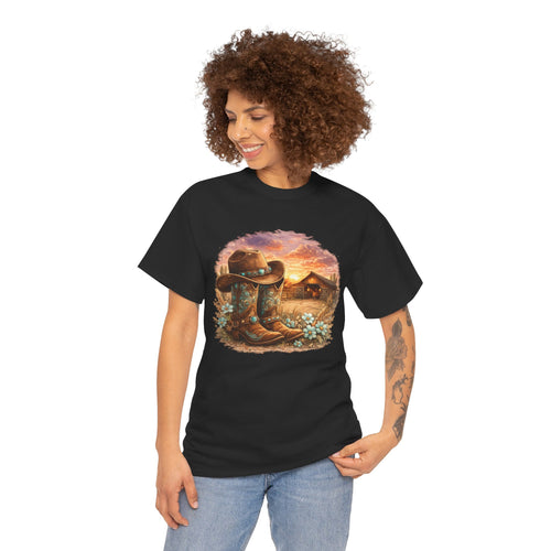 Cowboy Boots & Hat Sunset Tee — Rustic Western Country Graphic T-Shirt