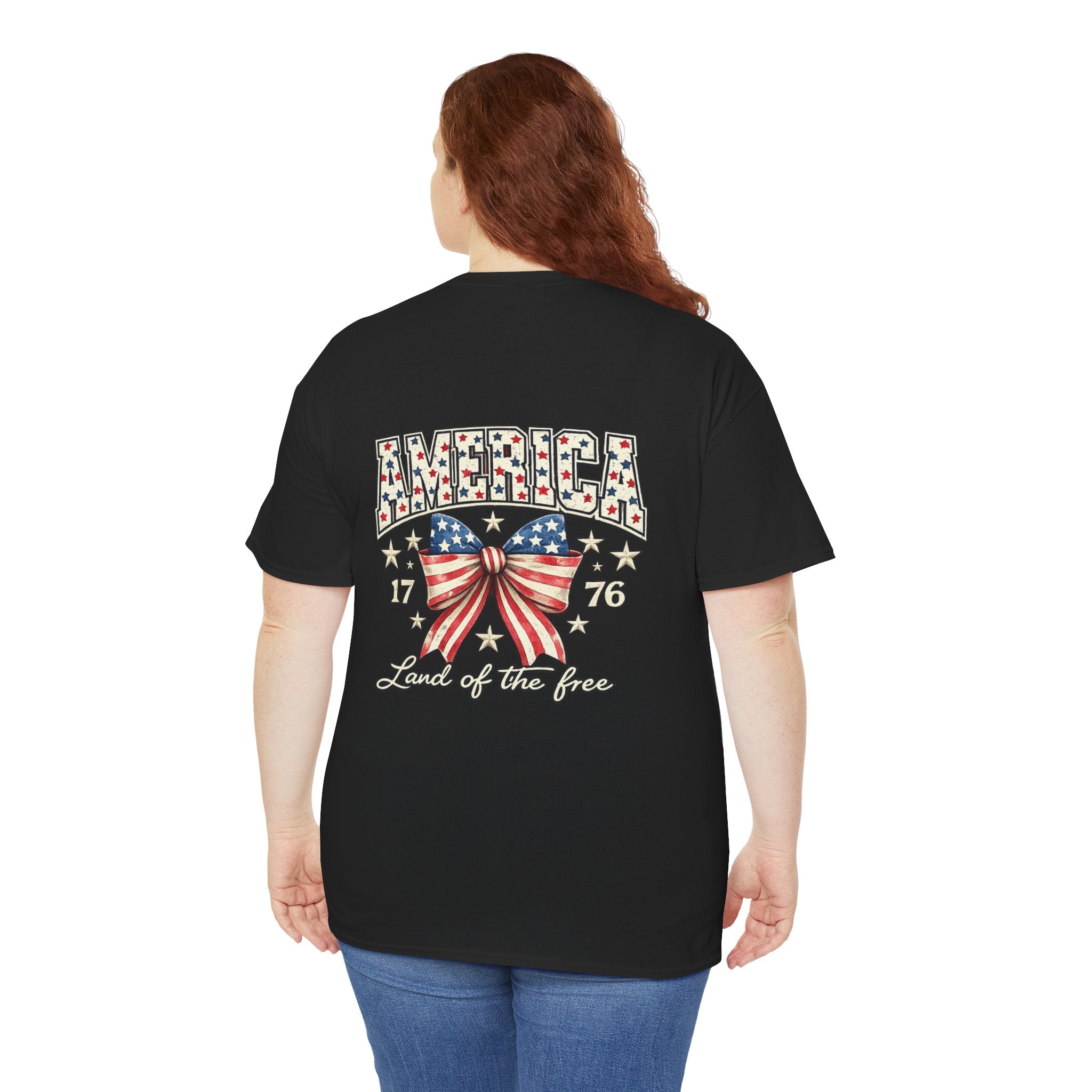Patriotic America Bow Shirt | Land of the Free 1776 Front & Back Graphic Tee | Vintage USA Independence Day Shirt | Fourth of July Shirt