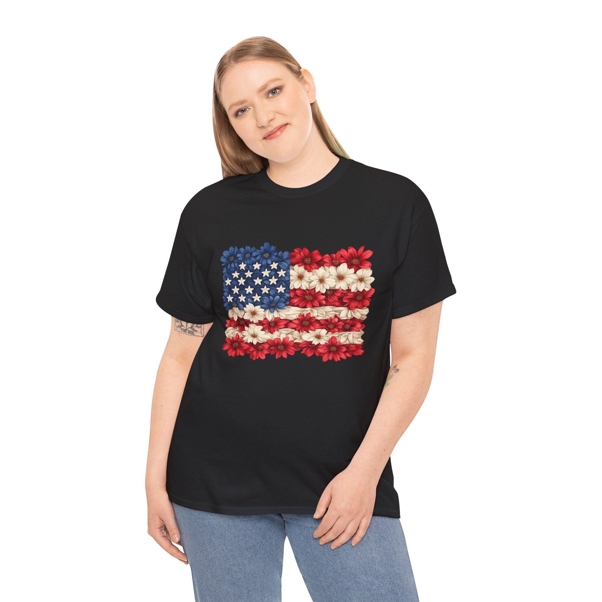 Floral American Flag Shirt PNG | Patriotic Flower Flag Design | 4th of July Sublimation PNG | USA Independence Day Graphic | Red White Blue Floral POD Design