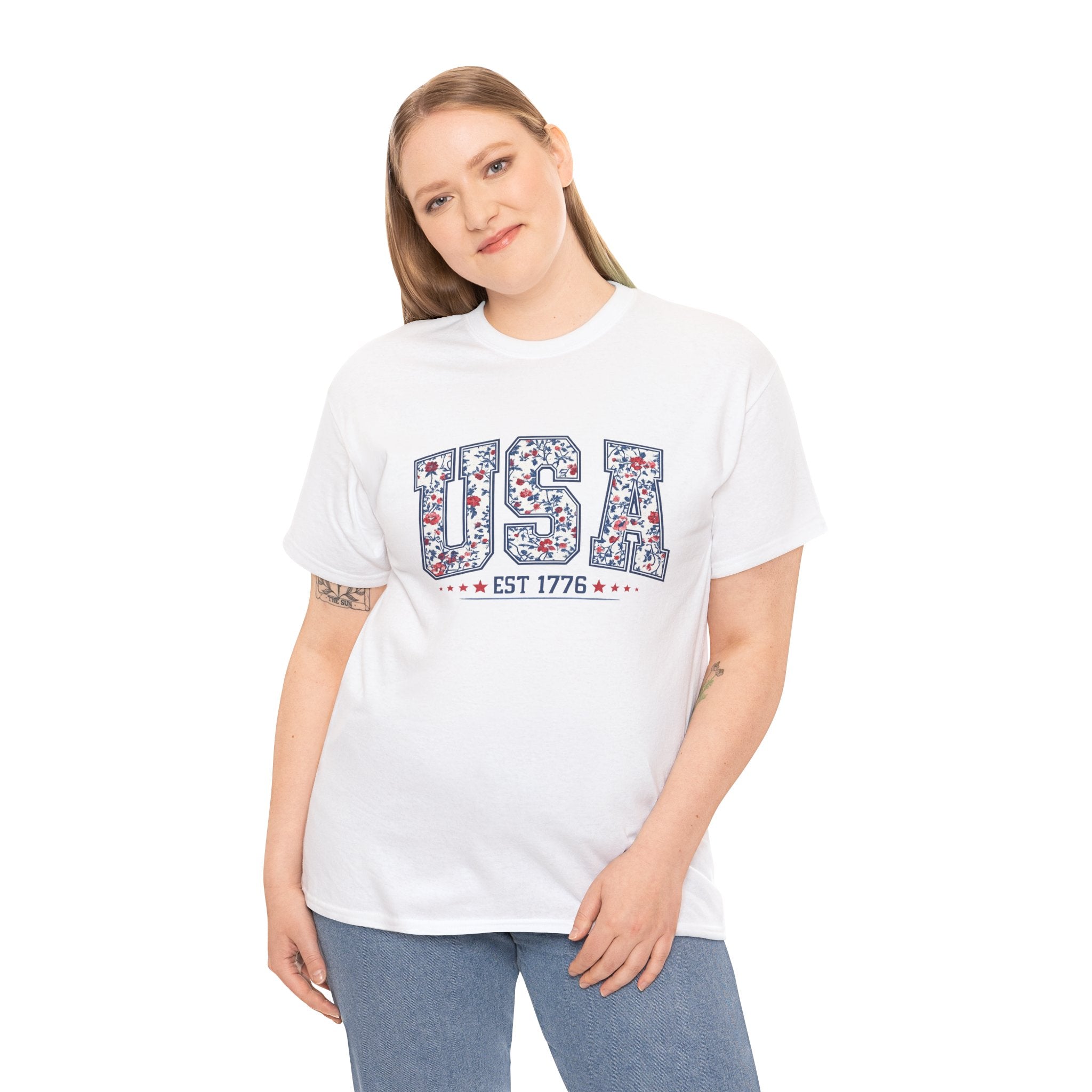 Floral USA EST 1776 Patriotic Shirt | Vintage American Flag Inspired Fourth of July Graphic Tee | Red White Blue Independence Day Design