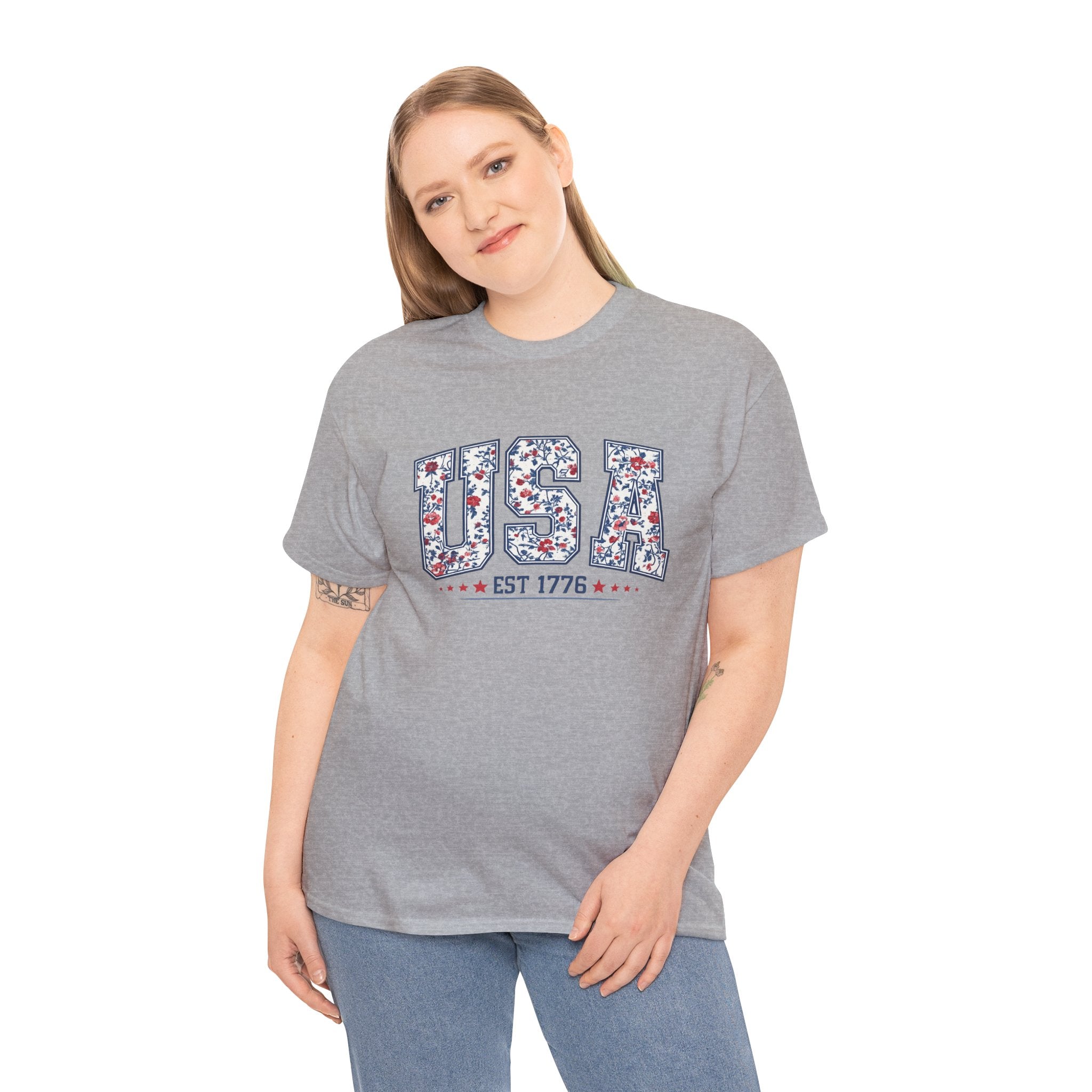 Floral USA EST 1776 Patriotic Shirt | Vintage American Flag Inspired Fourth of July Graphic Tee | Red White Blue Independence Day Design