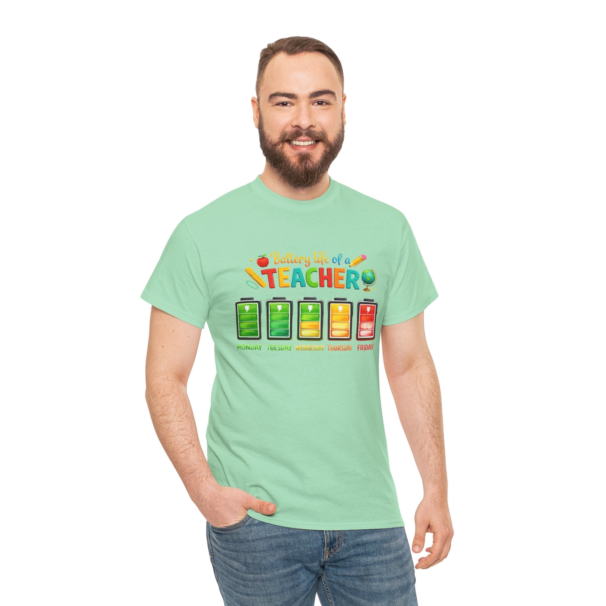 Teacher Battery Life T-Shirt – Funny Weekday Energy Levels Tee (Monday–Friday) Teacher appreciation gift - Unisex shirt