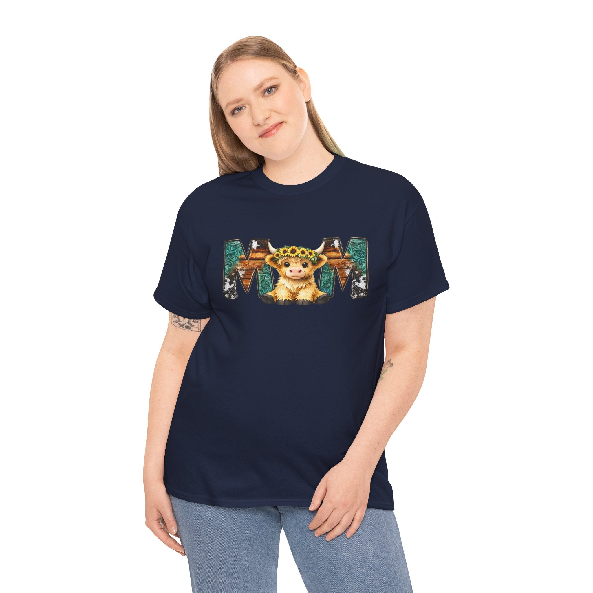 Western Highland Cow Mama Tee — Cute Leopard Print 'MOM' Graphic Shirt