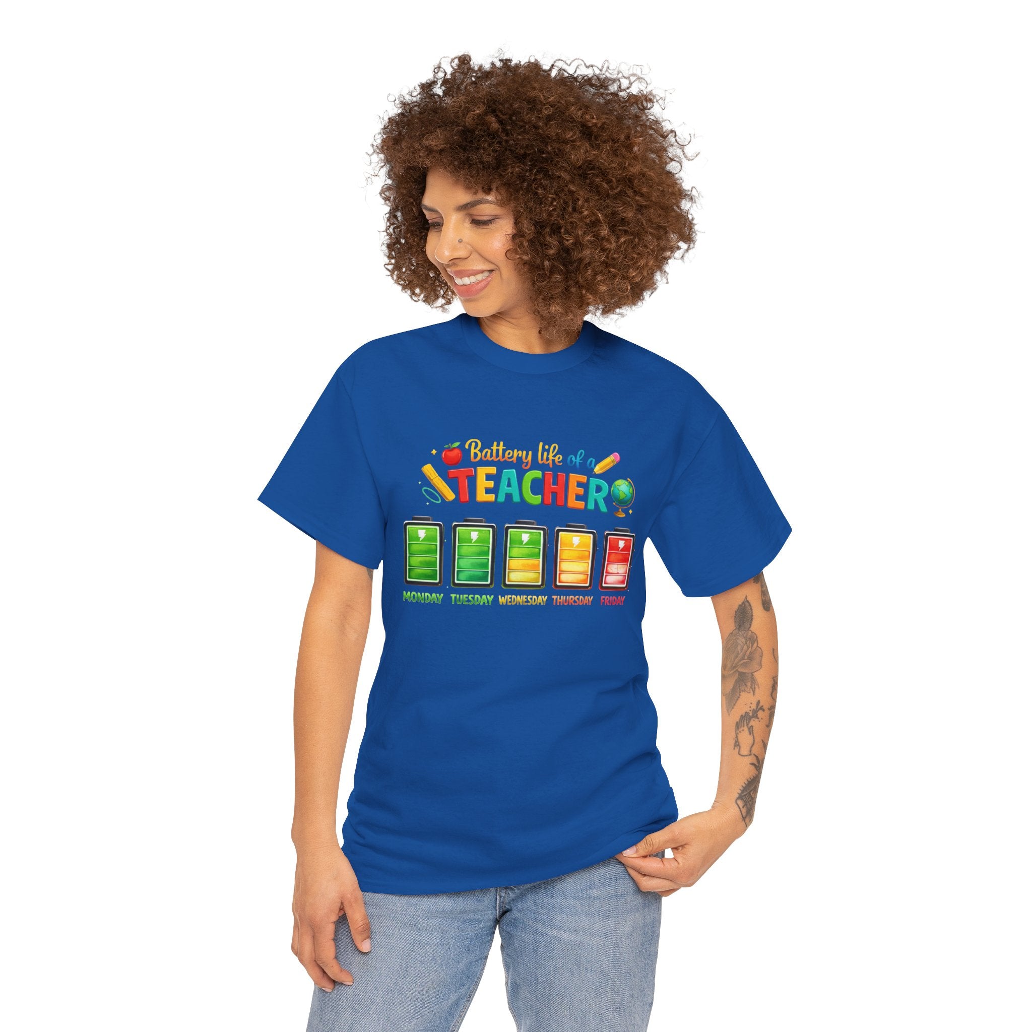 Teacher Battery Life T-Shirt – Funny Weekday Energy Levels Tee (Monday–Friday) Teacher appreciation gift - Unisex shirt