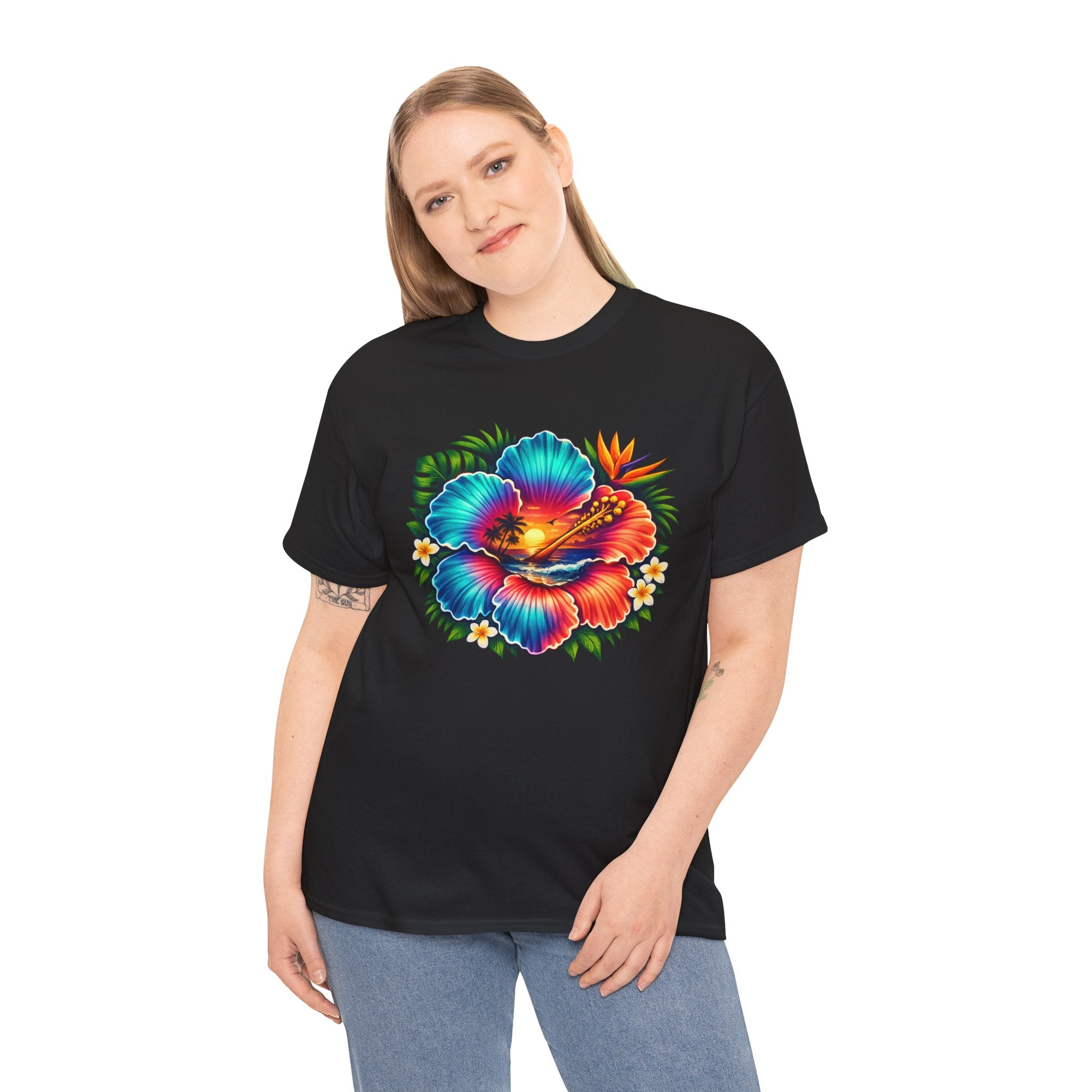Neon Tropical Hibiscus Sunset T-Shirt – Vibrant Beach Flower Graphic Tee for Summer Vacation Lovers